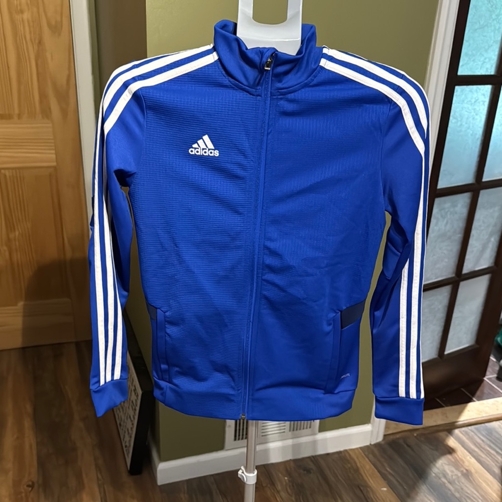 Adidas Blue and White Bomber Jacket with Iconic Stripes